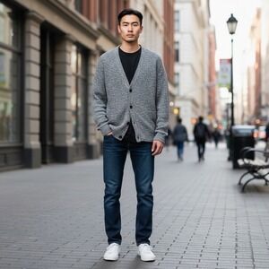 VTG JJ Cochran Cardigan Sweater Mens‎ Large Knit Grandpa Gray USA Made Mr Rogers